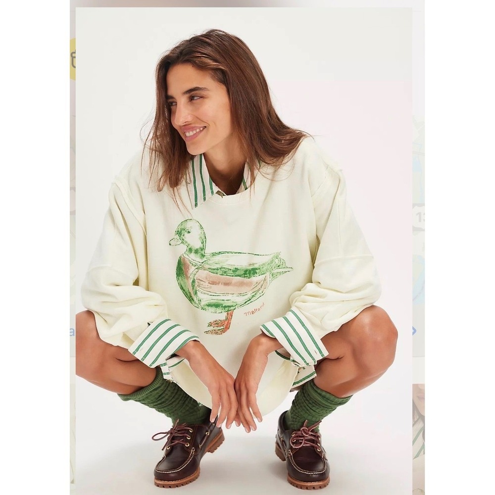 Free People Graphic Camden Pullover Sweatshirt large New mallard duck cream